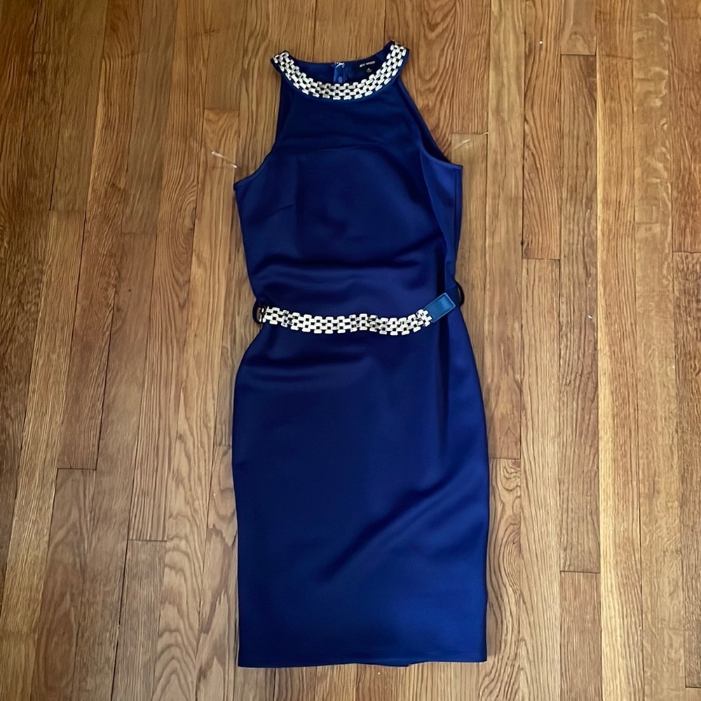 Gorgeous Navy Blue Dress With Gold Chain Neckline & Gold Belt, Zip Up Back &Hook